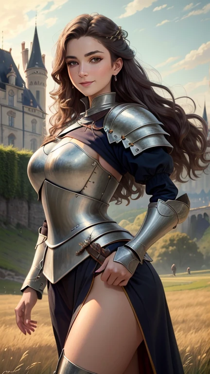 ((best qualityer)), ((work of art)), (detailded), 8K, 4K, hight contrast, work of art, carved stone statue of 1 marble statue of a warrior woman, lindo rosto detailded, lindos olhos detaildeds, beautiful detailed mouth, long hair , wavy hair , medieval armor ,  shoulderpads, layer, gauntlets , white gloves calm facial expression, standing upright, gazing at viewer, centred, Above clouds with clear skies, clear lighting, detailed shadows 
