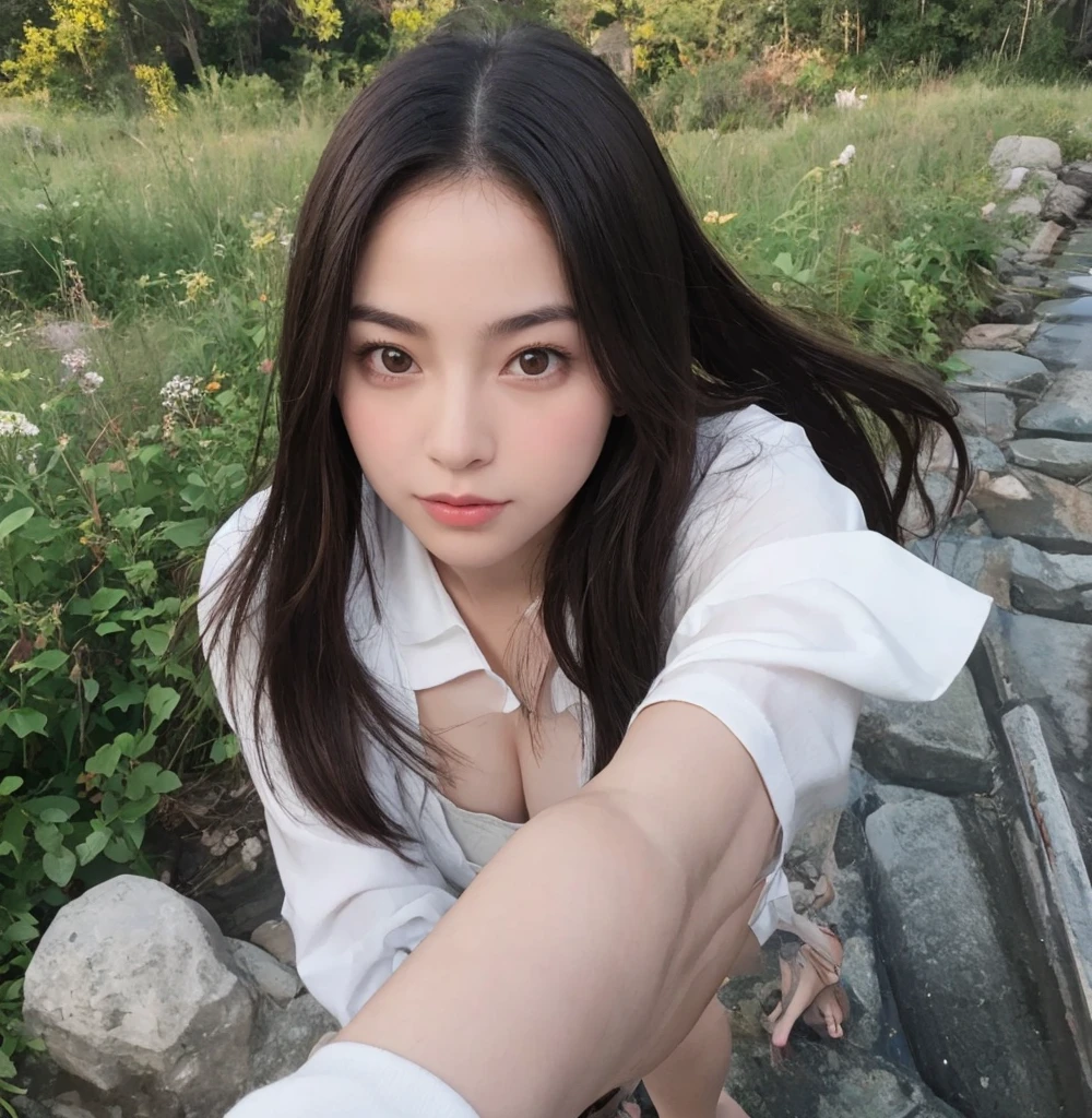 (masterpiece, top quality, 8K wallpaper, high resolution, real), 1girl, solo, full body shot, detailed eyes, super detailed face, cute face, Japan person, short hair, black eyes, backpack, mountain, attractive eyes, detailed lips, detailed hands, detailed feet, detailed nose, detailed face, gentle expression, windbreaker on jacket, tank top, trekking, hiking, trekking boots, Outdoors, mouth closed, small breasts, small eyes, natural landscape photo;mountain climbing;spectacular summer mountain scenery with rugged mountain range in the distance, wonderful contrast of blue sky and white clouds; Camera = "Sony a7 IV";Lens="Tamron 28-200mm f/2.8-5.6 Di III RXD";" Aperture = f/6.3";" Shutter speed = 1/1600 sec";" ISO=100";