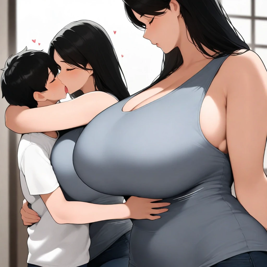 mother sexy .milf with huge tits with very big nipples ,mother , expression of satisfied mischief, very long nipples ,a very tight T-shirt and the edge of the enormous nipples mark the enormous areolas in the fabric of the T-shirt , with big hips and giant butt ,He is together with his small son of small stature , groping his sexy mother with colossal tits, little boyion, small boy of small stature with huge penis