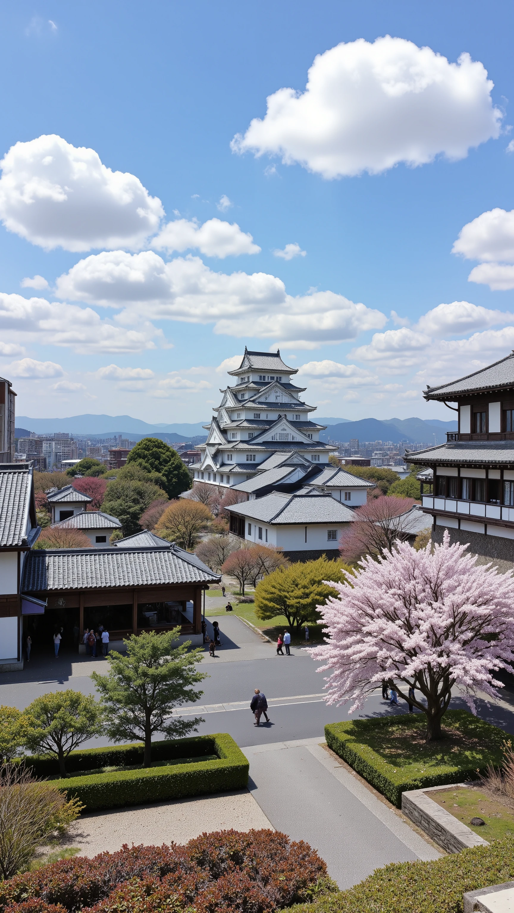 high res images、(  Japanese Castle)Ninomaru and Sannomaru on large grounds、cherry tree々や花のPhotos of Himeji Castle in Hyogo Prefecture、picturesque cityscape background、Digital Images 、A high-resolution white shining castle、  Dreamy Castle  、Highly detailed digital images 、High Resolution Digital Paint、（Castle Town Scenery）View from the top of the station building。