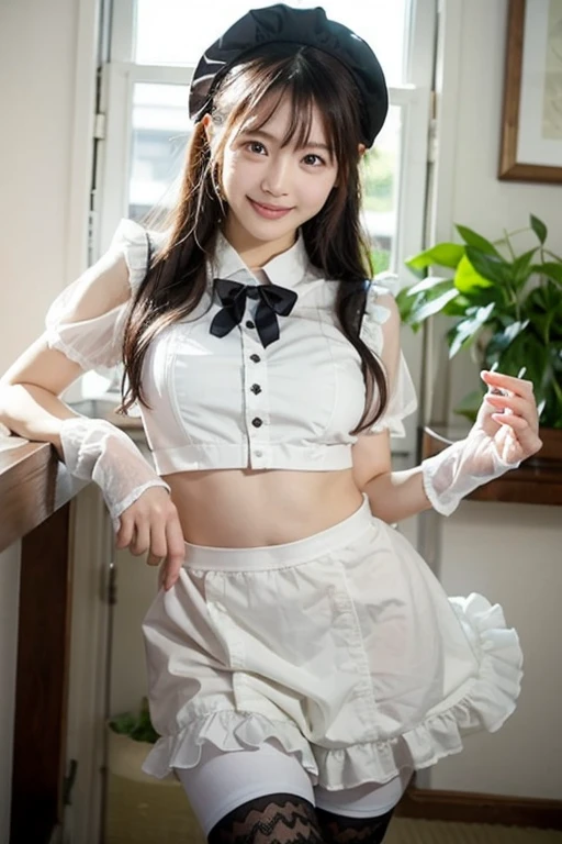Bunny girl in a colorful maid outfit:1.5,Wearing black tights:1.5,The best smile:1.5,Full Body Shot:1.5,Gray background:1.5,Wearing black high heels:1.5,squat:1.5