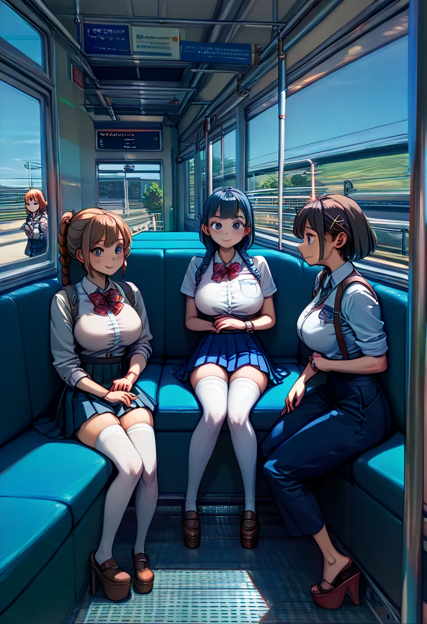 a group of naked women with enormous breast are packed in tightly on a train