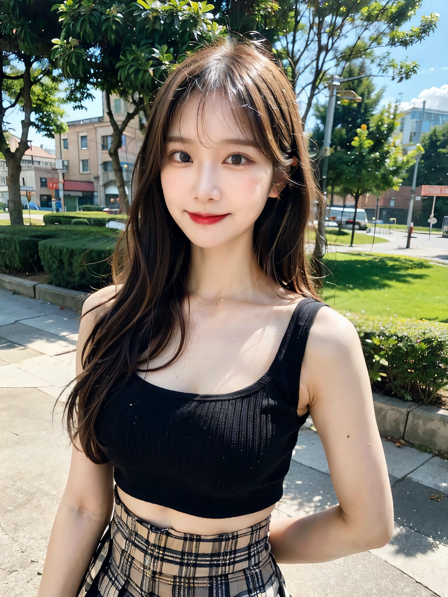( faithful reproduction of eye features and facial features in the image above: 1.3), beautiful woman highlighting her lower lip, (standing: 1.1), (I'm wearing a black spaghetti strap tank top: 1.1), ( wears pleated skirt : 1.1), long hair, Ponytail, (Smiling face: 1.1), (medium big breasts: 1.1), ( in the park: 1.1), (tree: 1.0), (cloud: 1.0), (nfsw: 1.1)