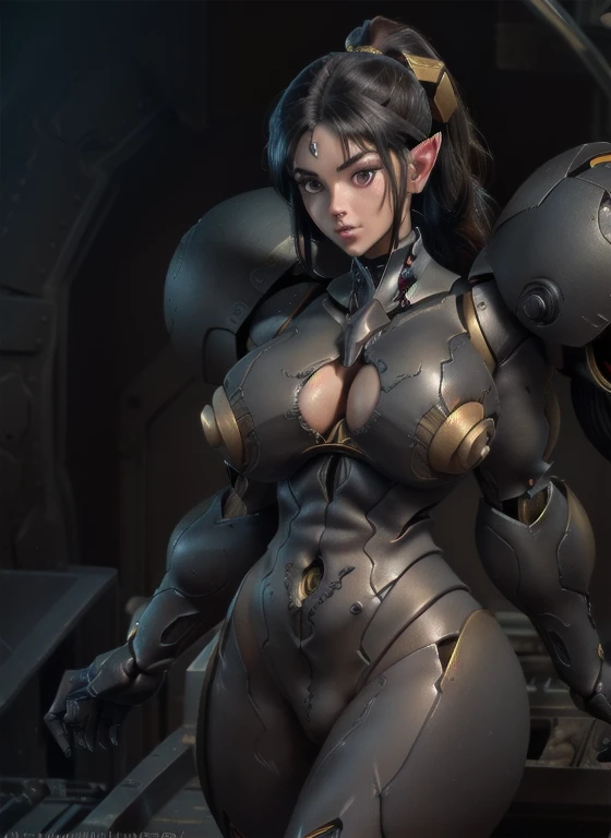 ((on all fours:1.5))((seductive, legs spread)) style, anime style, (((dark elf))) (((black skin:1.5))) and (((smoldering eyes))). Her (((hair slicked elegantly backwards))), 8k, 4k, Unreal Engine 5, octane render, trending on pixiv, fanbox, skeb, ((hexagonal energy emission ports on its chest:1.9)), (port holes on breast:1.9) capable of blasting adjustable energy beams for combat and precision tasks. (lasers shoot from ports:1.9), the hexagonal design not only enhances its aesthetic appeal but also efficiently dissipates excess heat generated during energy emission, (((hexagonal armor))), masterpiece, ((slendered abs:1.2)),(gigantic breasts:1.7), (full bodied), wide hips, (full lips:1.5), big dreamy eyes, beautiful intricate colored hair, anime wide eyes, soft lighting, concept art, digital painting,