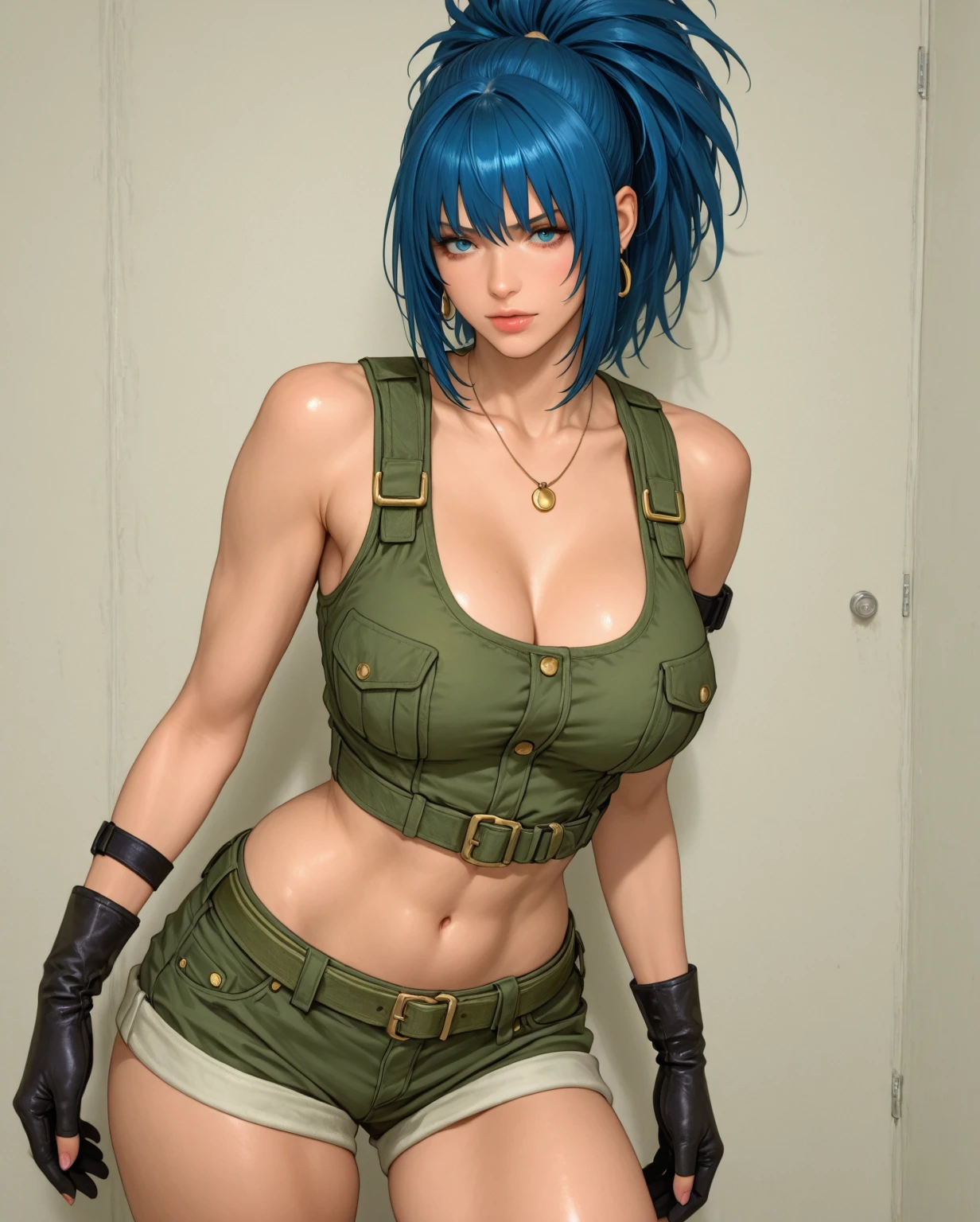 sfw, masterpiece, best quality, high-resolution, one girl, Leona Heidern, blue hair with a ponytail, blue eyes, wearing a military uniform with a green jacket, shorts that reveal her midriff, and crop top, black gloves covering her forearms, earrings dangling from her ears, and a navel piercing. Her young, slender figure is accentuated by the fitted uniform, and she stands confidently with her hands on her hips, her posture exuding strength and determination. Despite the military setting, there is a certain innocence about her, evident in her blushing cheeks and coy glance away. Her large breasts are barely contained within the confines of, wearing bra,((skinny waist)), young asian girl, ((big )),