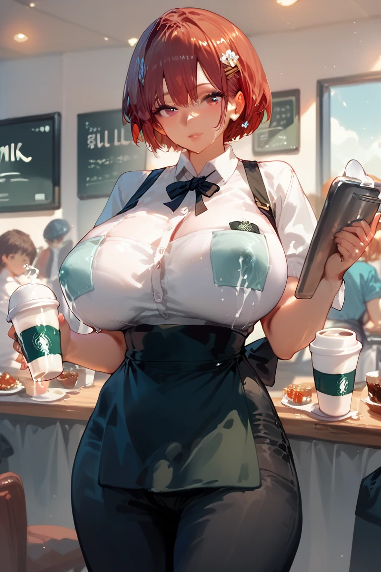 score_9, score_8_up, score_7_up, score_6_up, score_5_up, score_4_up, 1girl, (miqo'te:1.1), half closed eyes, blush, short hair, brown hair, solo, milking self, coffee mug, (milking into mug), ((one breast out)), indoor, blurry background, pouring breasts milk, leaning forward, (flowing into mug), (breast squeeze), hand on one breast, looking at viewer, green visor cap, standing, brown pants, smile, table, (coffee shop), large breasts, unbuttoned, white shirt, green apron, pov, smirk
