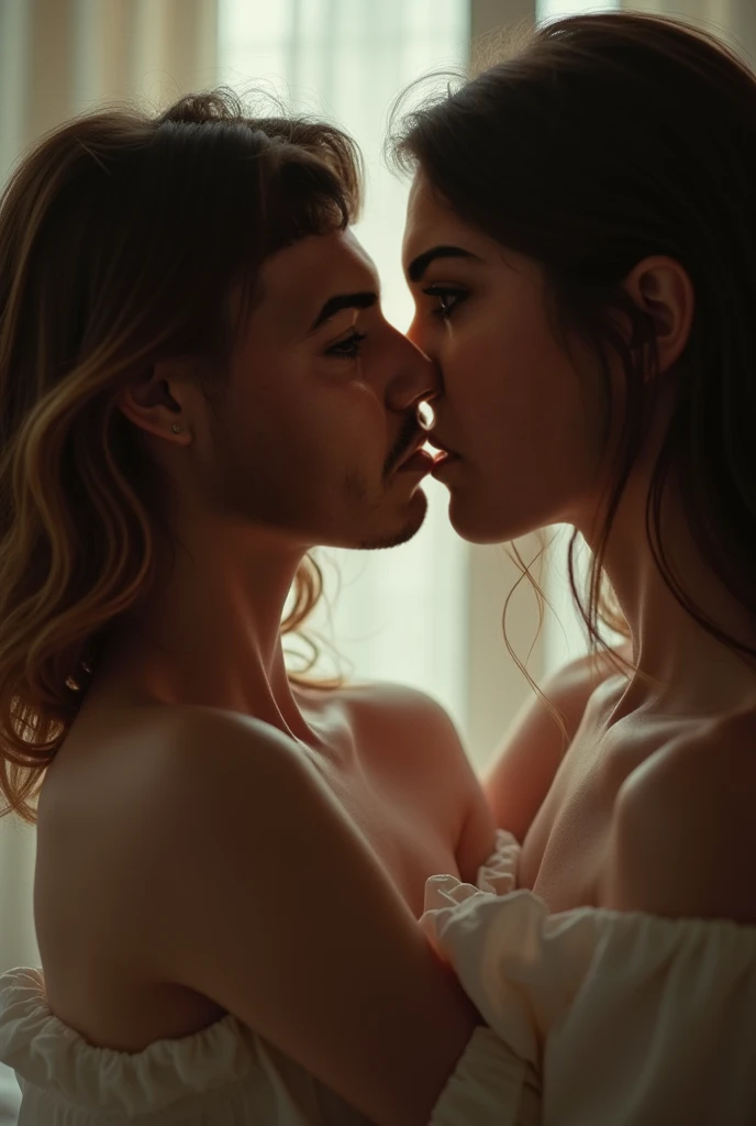 (highest quality:1.5), (masterpiece:1.5), A muscular man and a glamorous woman are deep kissing, shoot from side, close-up mouth, sticking out tongue