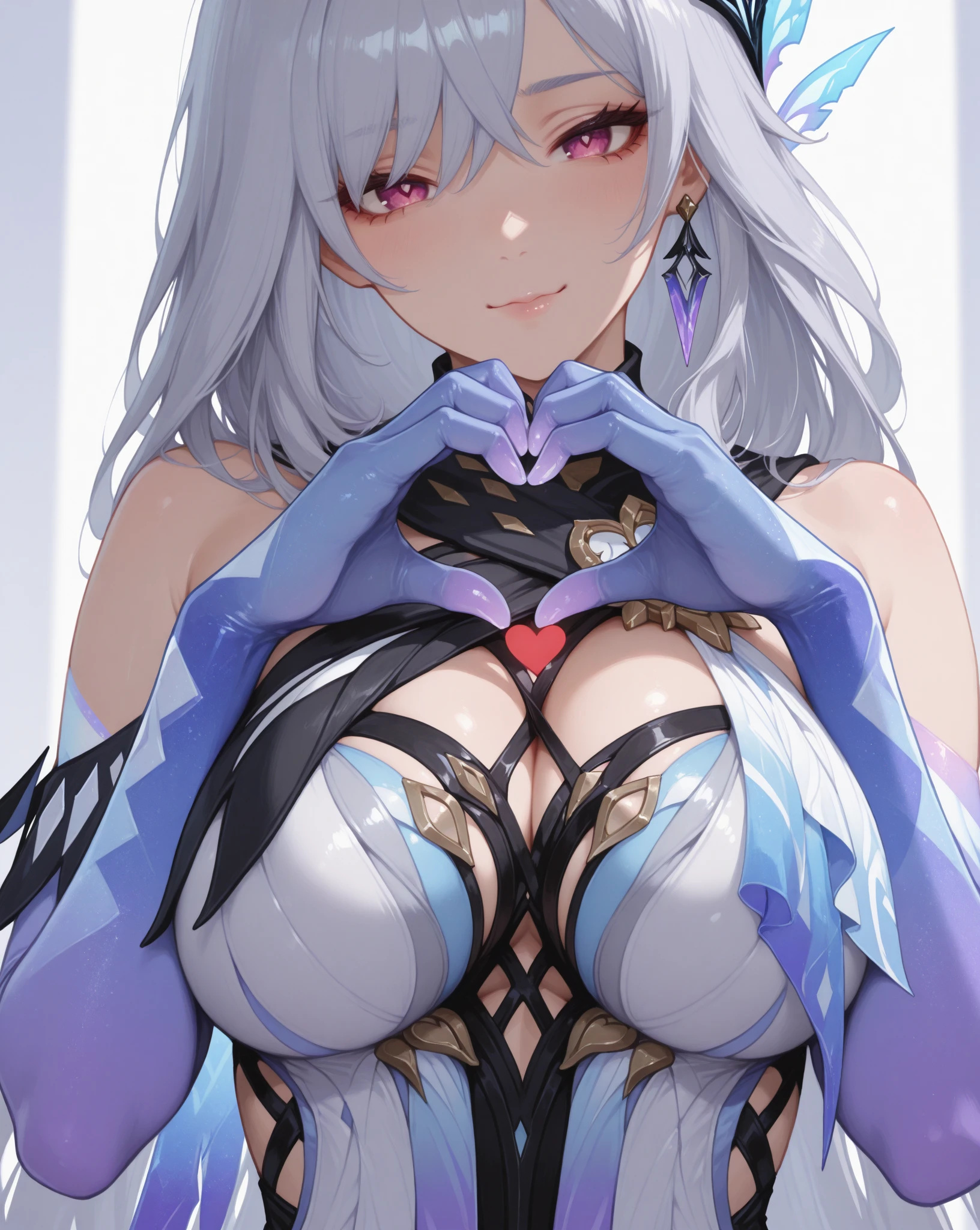 Masterpiece, Best Quality, High Definition, 4k, ultra high resolution, extreme detail, super detailed,pretty eyes, beautiful hair, beautiful side, Beautiful skin, by white, Red eyes, Pupils glow red., big breasts, shiny leather, bloomed white shirt, bra drop strap, Stop, hands covering the ,Ahegao, blush, charming smile, half closed eyes, inside, close up, look at the viewer
