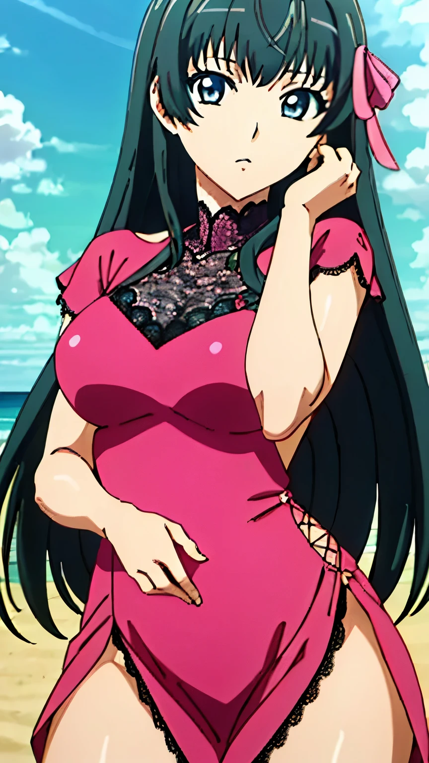(masterpiece, best quality), high resolution, 8k:1.2), (anime coloring:1.2), highly detailed, beautiful eyes, perfect eyes, fine eyes, brown eyes, featuring big highlights, detailed face, highly detailed, fine eyes, symmetrical eyes, highly detailed, perfect face, beautiful eyes, perfect eyes, detailed face, highly detailed, symmetrical eyes, beautiful face, perfect body, beautiful body, beautiful breasts, (perfect hairstyle), kaede, 1 girl, solo, hair ribbon, black hair, long hair, bangs, (medium breasts), ((expressionless)), ((Tailored fit dress), ((lace, pink dress)),thighs, beach, blue sky, daytime), looking at the viewer, in the center of the image,