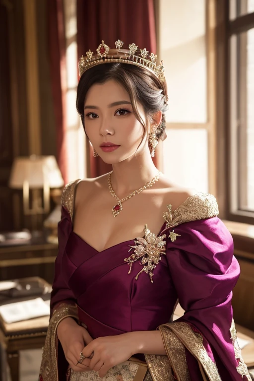 Masterpiece, high quality, 4K, beautiful design, shiny, from the front, award winning photo, extremely detailed, amazing, fine detail, absurdres, highly detailed woman, extremely detailed eyes and face, by lee jeffries nikon d850 film stock photograph 4 kodak portra 400 camera f1.6 lens rich colors hyper realistic lifelike texture dramatic lighting unrealengine trending on artstation cinestill 800 tungsten, solo, 1girl, smiling, looking at the viewer with a seductive intent, wearing lipstick, versailles background
parure jewelery, a woman wearing a dresss and necklace laced with rubies , wearing parure jewelery, (large necklace:1.25)=
<lora:Parure:0.755>,