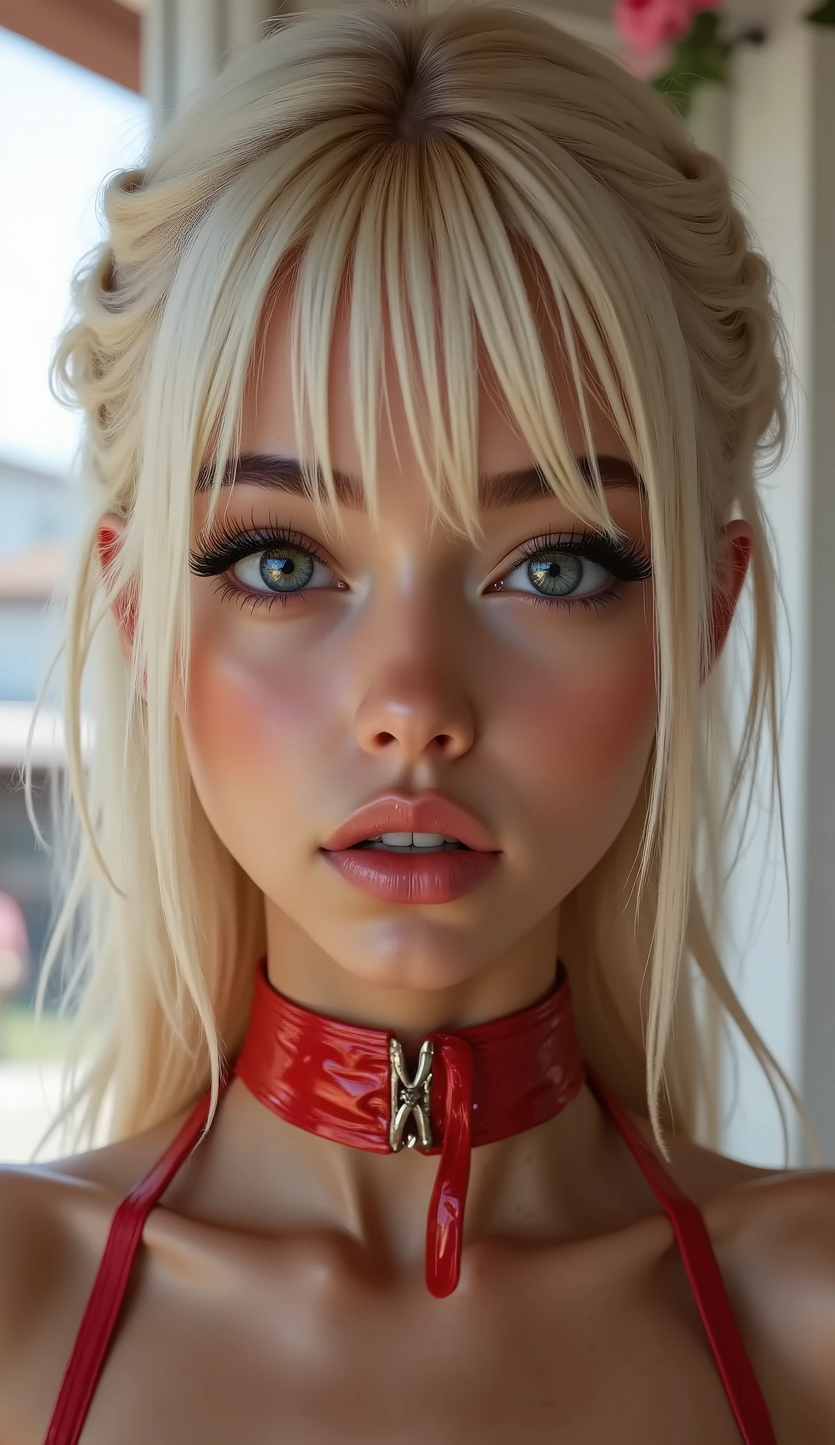 masterpiece,realistic,photorealistic realism,hyper-high resolution,hyper-quality,intricate,ultra-detailed digital art,(detailed skin,detailed face,detailed eyes,beautiful face,ideal ratio body proportions),("Priority is anatomical accuracy and material texture"), Super hot polish girl 23yo, blond long professional hairstyle with ribbons, (ultra realistic texture details: velvety skin, hair),((sharp focus, no blurry eyes, high resolution, absurd quality, Realistic eyes:1.3),intricately detail:1.3). (Sleeveless, beautiful, red ribbon PVC bikini: 1.22), (Micro Sling swimsuit:1.15), ((wear Micro Sling swimsuit made of PVC ribbon: 1.2))" Pose: - "opens her mouth unnaturally wide" Environment: - "White saliva flows from her mouth" - "Saliva drips from her chin" - "Streams of thick white semen flow down her face, onto her body and breasts" (front view, front shot), from above