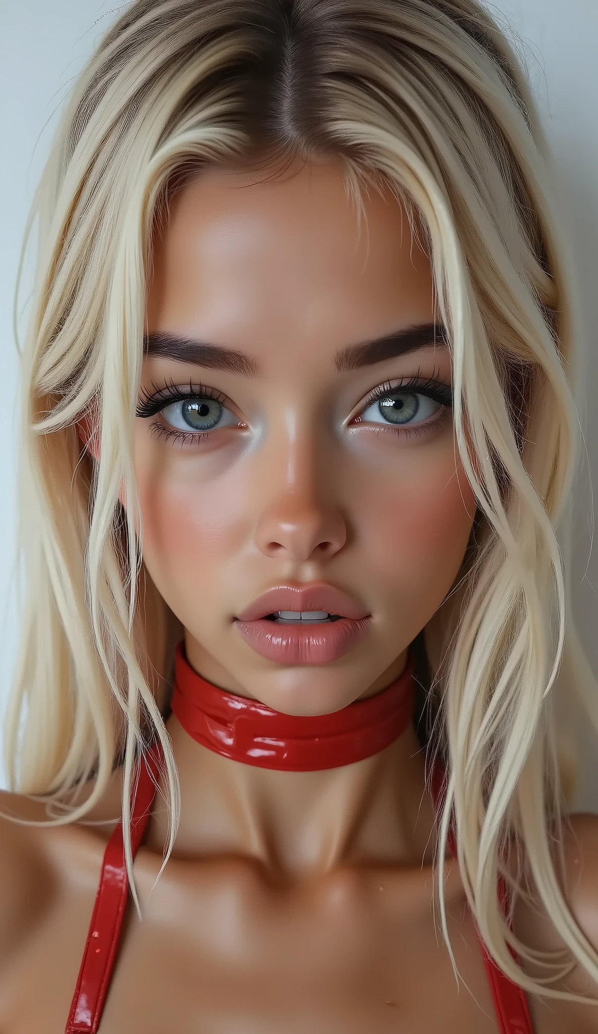 masterpiece,realistic,photorealistic realism,hyper-high resolution,hyper-quality,intricate,ultra-detailed digital art,(detailed skin,detailed face,detailed eyes,beautiful face,ideal ratio body proportions),("Priority is anatomical accuracy and material texture"), Super hot polish girl 23yo, blond long professional hairstyle with ribbons, (ultra realistic texture details: velvety skin, hair),((sharp focus, no blurry eyes, high resolution, absurd quality, Realistic eyes:1.3),intricately detail:1.3). (Sleeveless, beautiful, red ribbon PVC bikini: 1.22), (Micro Sling swimsuit:1.15), ((wear Micro Sling swimsuit made of PVC ribbon: 1.2))" Pose: - "opens her mouth unnaturally wide" Environment: - "White saliva flows from her mouth" - "Saliva drips from her chin" - "Streams of thick white semen flow down her face, onto her body and breasts" (front view, front shot), from above