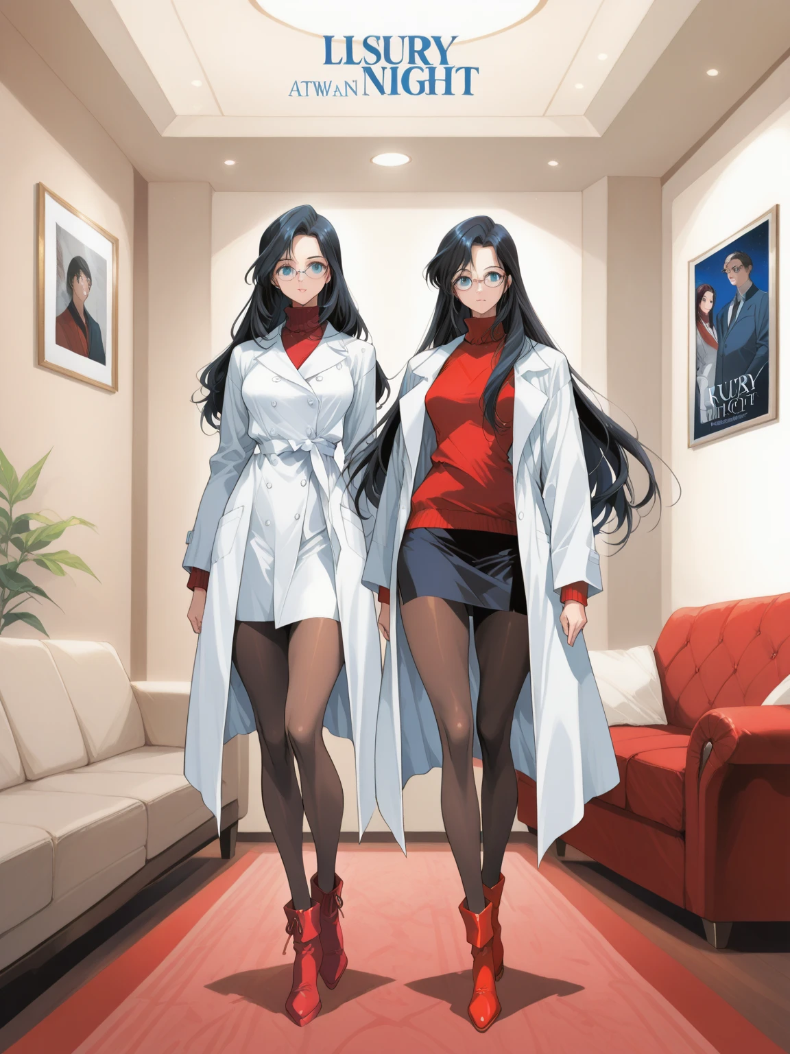 female, black messy long hair, red eyes, dark skin, (((1girl))), (((white lab coat))), (black blouse), (black knee length skirt), (black stockings), (gold heels), cute and sexy, full body, large breasts, long legs, smiling