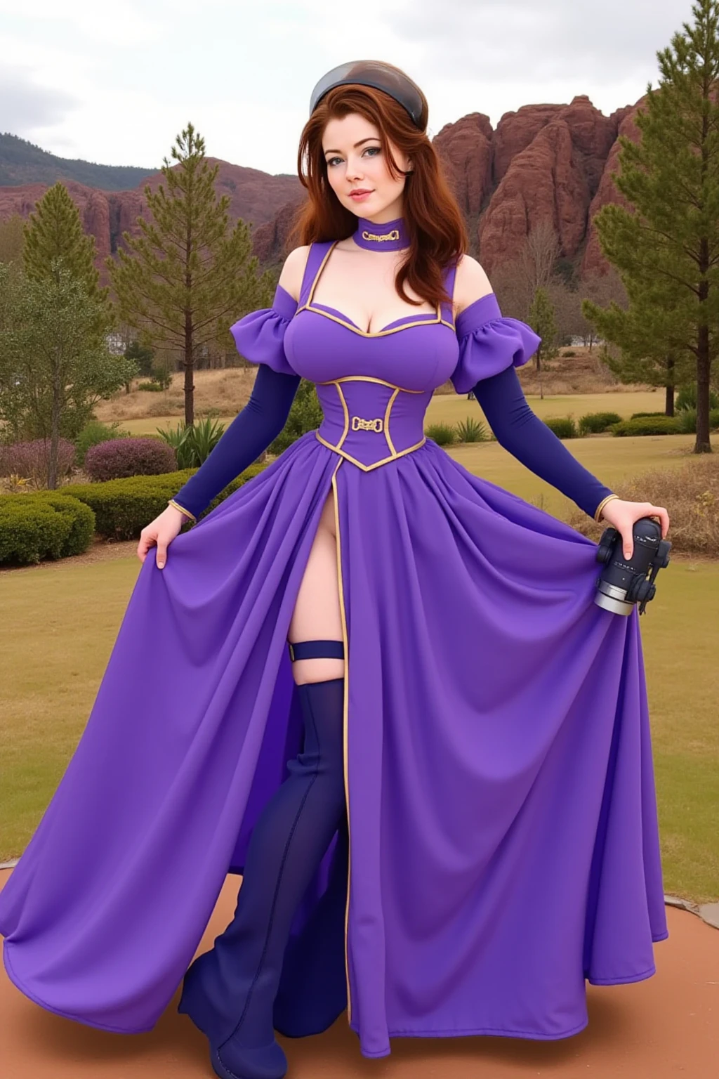 Create a live-action image of the gender-swapped version of Chamoro (Mara) from Dragon Quest VI. The character should have long, flowing red hair, which is entirely covered by a hat in the same purple and yellow color scheme as the outfit. The female version has a larger chest, with the original outfit modified to emphasize this feature. The outfit should be divided evenly into purple and yellow, with each color covering half of the dress, matching the hat. The dress should be more form-fitting with a lower neckline to reveal prominent cleavage, and the skirt slightly shorter to highlight her curves. The character should also wear glasses and matching purple gloves. The background should reflect the enchanting, magical world of Dragon Quest VI, evoking a sense of fantasy and mystique. The overall look should stay true to the character’s origins, translating it into a realistic, live-action style that highlights her feminine features and maintains the original color scheme of her clothing.