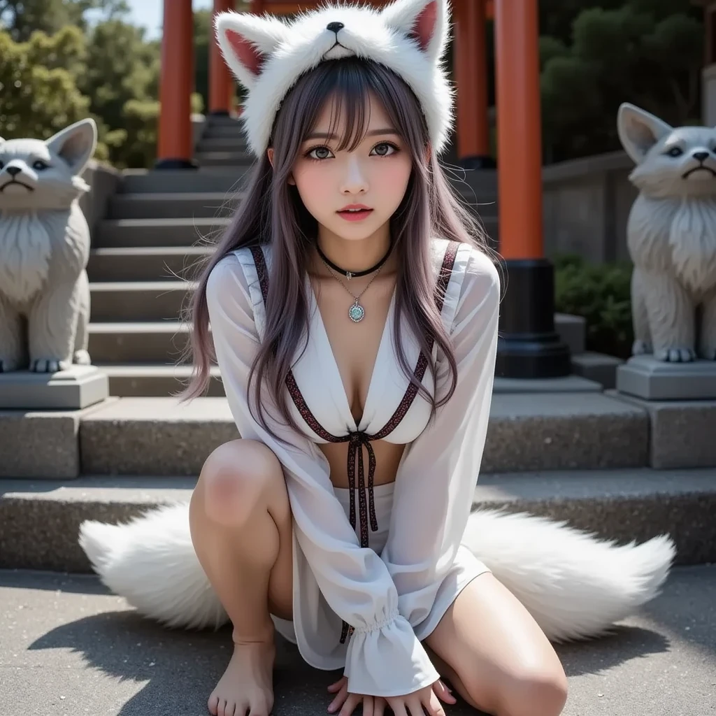 (1 girl:1.3),(neko:1.3), with a fox tail, kpop idol, yae miko, bare shoulders long hair, Japanese clothes, best quality, (painting:1.5), (hair decoration:1.35), jewelry, purple eyes, earrings, chest, torii, lantern light, depth of field, detailed face, facial focus, (looking at viewer: 1.25), glowing skin, smile, East Asian architecture, (blur background: 1.2), sitting
