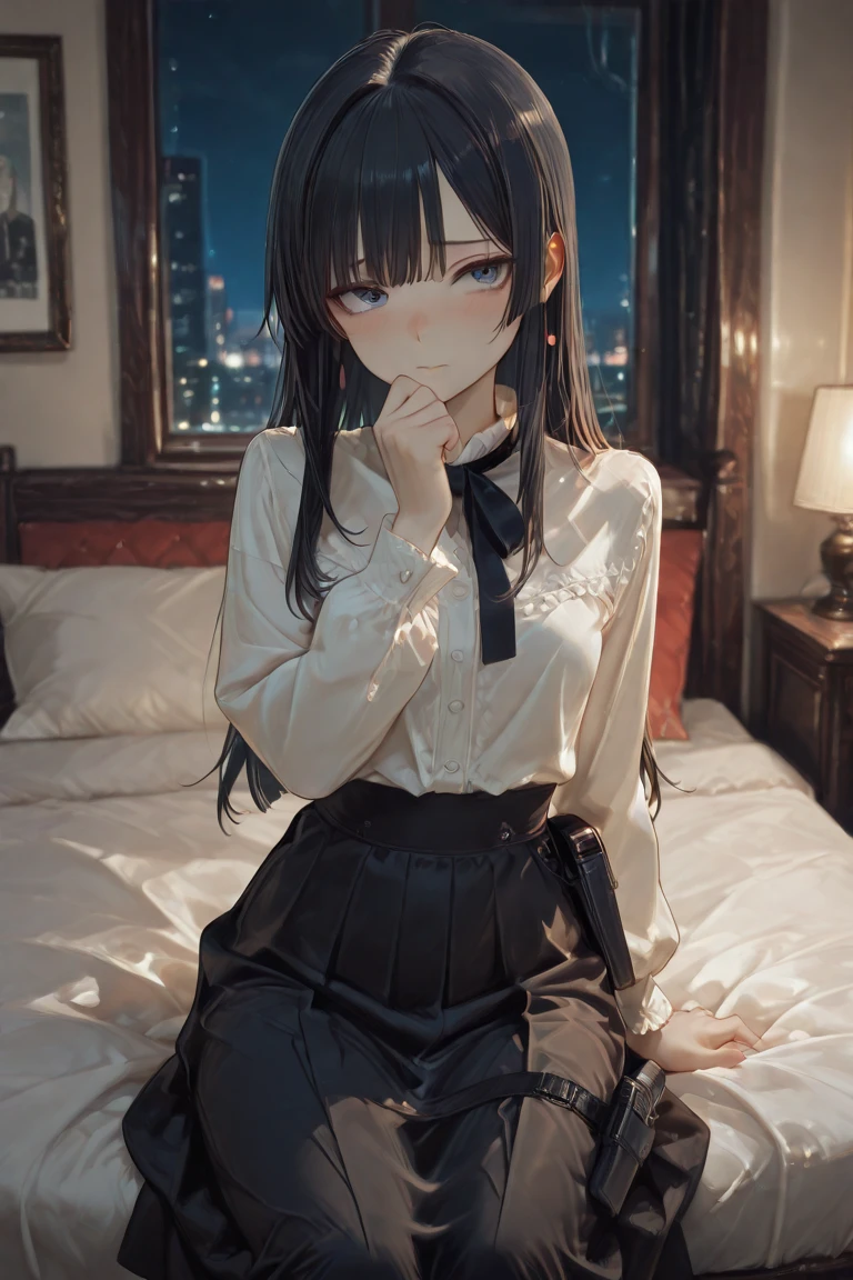 ((masterpiece)),((best quality)),((ultra detailed)),((photorealistic)),pov,(bedroom),morning,(sunlight),window,closed curtains,cloudy sky,cityscape,1girl,black eye,medium hair,black hair,((messy shirt)),plate shorts,(sitting on bedroll),(scratching cheek),(waking up),full body,floor,hdr