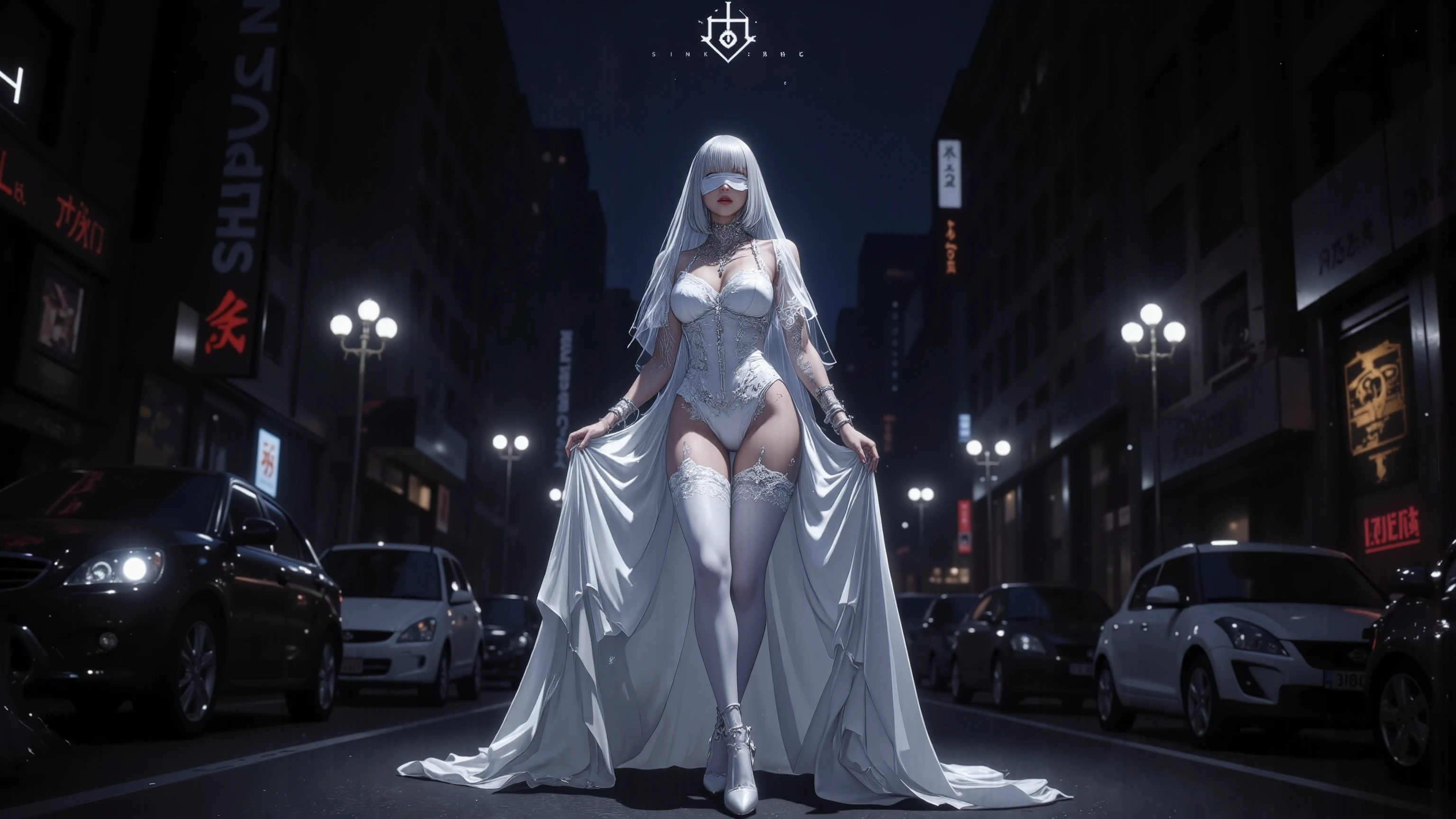 highest quality、8k Masterpiece、超A high resolution、(Photorealistic:1.3)、RAW Photos、1 girl、Silver-white clothing、Long dress、Party Dresses、Silver charm on the ankle、Silvery white high heels、Silvery white super long hair、Long Hair、Glowing Skin、1. Super-beautiful Cyberpunk Soldiers、((Ultra-Realistic Details))、Portrait、Global Illumination、Shadow、Octane Rendering、8k、Super sharp、Beautiful breasts、Metal、Cold colors、、Very intricate details、Realistic Light、CGSoation Trend、Beautiful Eyes、Shining Eyes、To the camera、Neon Details、20age、Too cute face、Intelligence、Obscene、Sexy、Moe、smile、whole body、Healthy Body、Manhattan at night in the background、Helipad on a high-rise building、love、Charm、mischievous、More sexy、Hands on chest、Make your background more vibrant、Future、Angle to toes、Whiter skin、Standing posture、More realistic facial features、Retrospective、wide shot、full body、More realistic Japanese faces、Panoramic view of buildings、Angel、The goddess