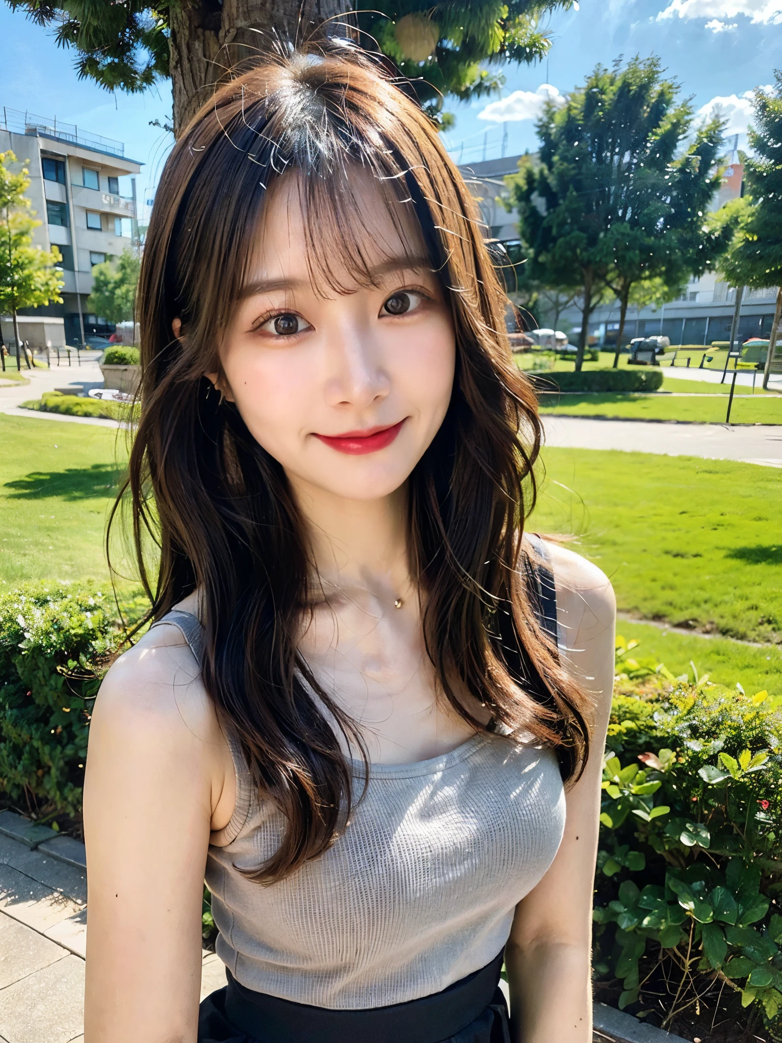 ( faithful reproduction of eye features and facial features in the image above: 1.3), beautiful woman highlighting her lower lip, (standing: 1.1), (I'm wearing a black spaghetti strap tank top: 1.1), ( wears pleated skirt : 1.1), long hair, Ponytail, (Smiling face: 1.1), (medium big breasts: 1.1), ( in the park: 1.1), (tree: 1.0), (cloud: 1.0), (nfsw: 1.1)