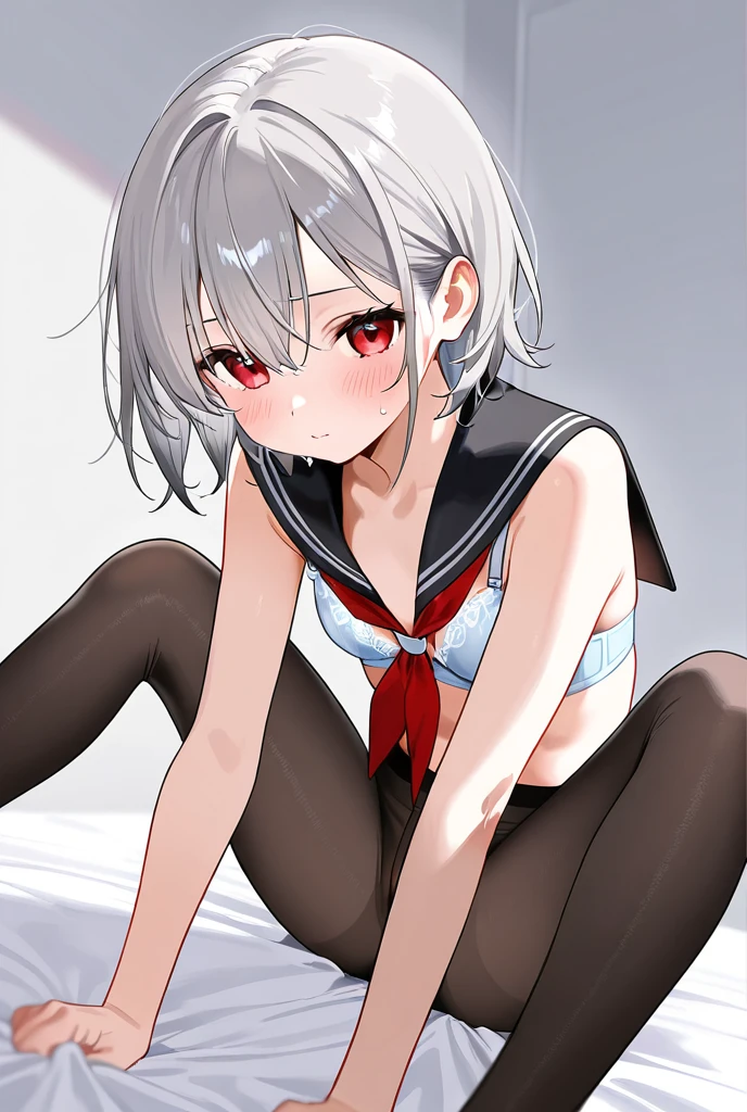 best quality, ultra precision, one girl, cute, little girl, young, boyish, childish, small breasts, silver hair, cat ears, blue eyes, beautiful eyes, teen girl, ecstasy, sailor collar, estrus, metestrus, start to undress, naughty mood, bed room, lying on bed, bare, she loves you, sexy, lost virgin, virgin, blush, beautiful skin, big bow on chest naked
