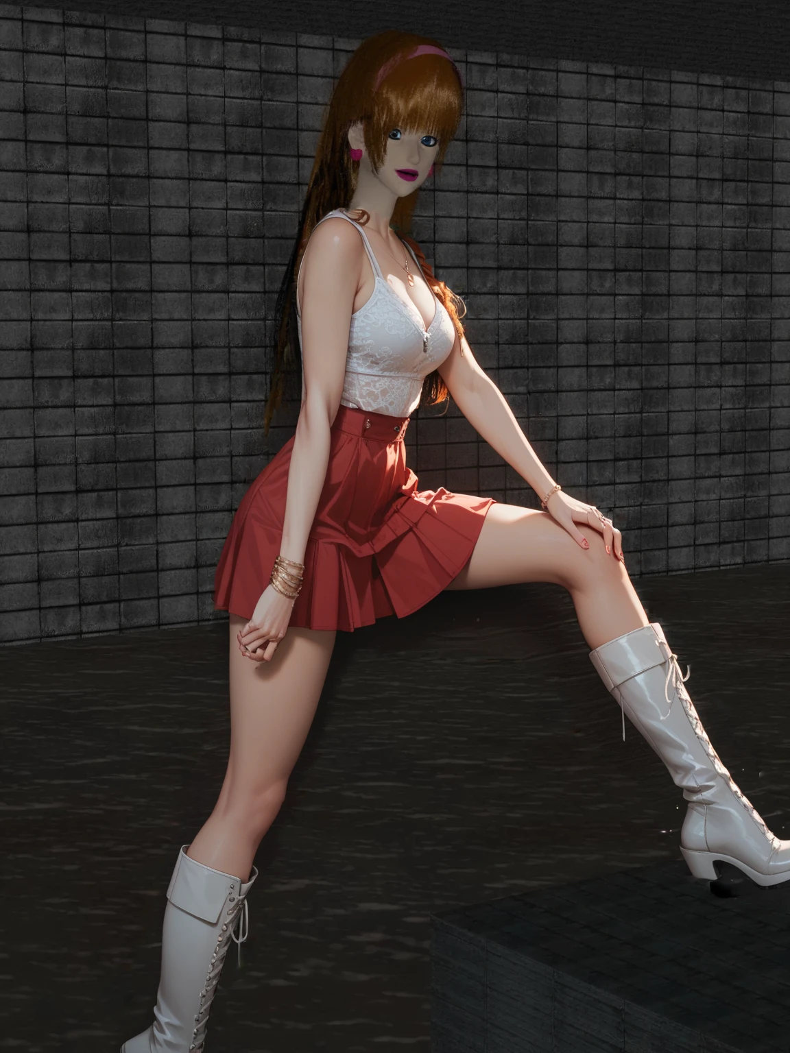 ((Final Fantasy (Yuna), young girl, 16 years old, full body, naked body, dark hair, light skin, scarlet lips, smile; black, expressive playful eyes, long eyelashes)). ((Anime girl with brown hair hair and white short fire dress with necklace, beautiful character painting, very short drees style fire cowboy skirt, very thin and light clothing almost transparent like air, soft anime computer graphics, realistic anime art, beautiful anime woman, Cyberpunk, futurism, tight jumpsuit, anime girl rendering, very sexy, 75 % nsfw, 60% nude, open legs))