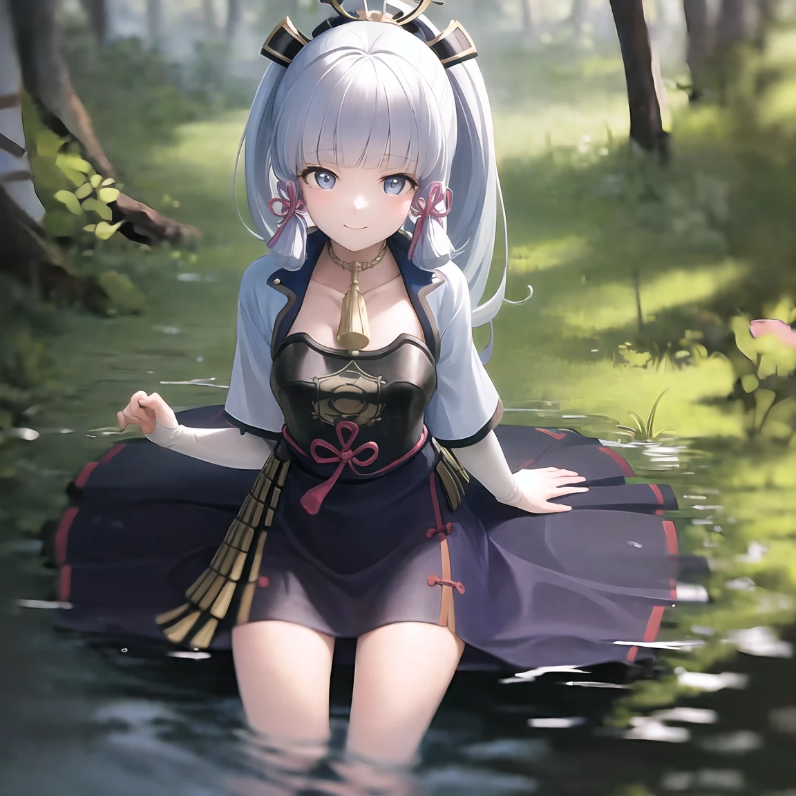 Outrageous resolution、hight resolution、(masterpiece:1.4)、ultra-detailliert、1girl in、Prayer Pose、a tranquil lake、the woods、delighted expression、kindly smile、Face up、Install a magic barrier、Floating hair、spaces、The bikini、floating、 --v 6
