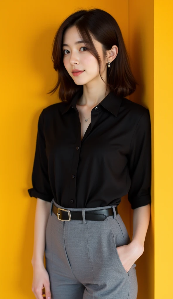 20 years old woman, (photorealistic:1.4, realistic), highly detailed CG unified 8K wallpapers, 1girl, (((thick body:0.8))), looking at viewer, (HQ skin:1.4), 8k uhd, dslr, soft lighting, high quality, film grain, Fujifilm XT3, ((upper body shot:1.2)), (((black silk collared shirt))), ((simple background, black background)),