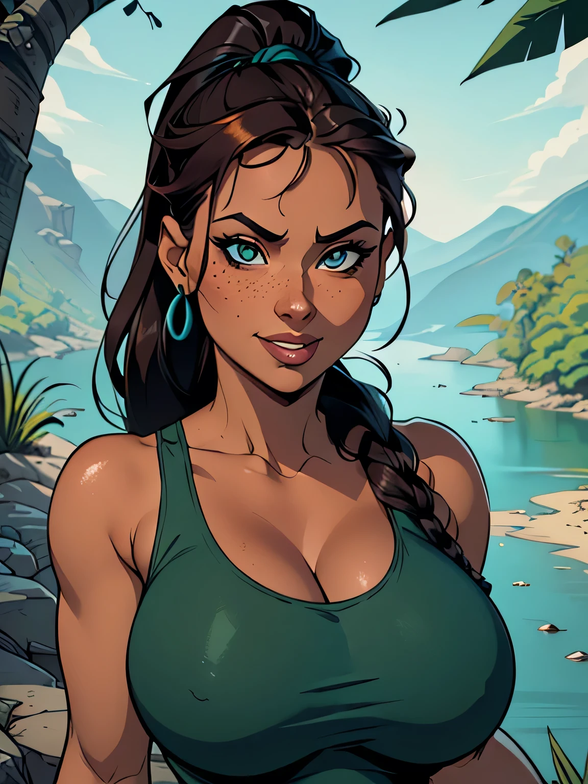 ( Absurdo, hd , Ultra detalhado, be careful with your hand ) Close-up view of a thin and athletic woman ((Lara Croft)), 25 anos, 8k (( high definition )), SORRISO MISTERIOSO, olhar sedutor, olhos castanhos, wearing a teal blue tank top (( com decote em V, sem mangas )), cintura fina, arms at the sides of the body, pele morena, cabelo castanho (( long and with a braided ponytail )), She's in a jungle (( upper body )), with freckles on the neck and breasts , (( seios grandes, suados e redondos, suaves )), (( Well defined collarbone)). Estilo Marvel (( hq )), Forest with river in the background.