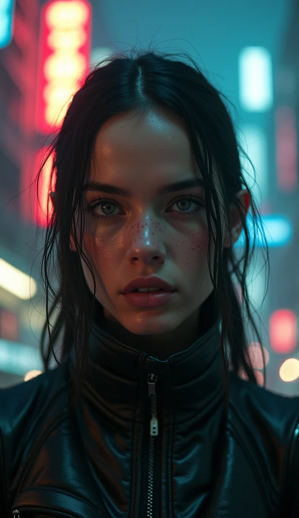 there is a woman in a wet suit standing in the rain, the cyberpunk girl portrait, cyberpunk digital painting, dark cyberpunk illustration, wojtek fus, jet black haired cyberpunk girl, photorealistic dark concept art, beautiful cyberpunk girl face, cyberpunk portrait, cgsociety portrait, cyberpunk themed art, epic portrait illustration, female cyberpunk, dark but detailed digital art, cyberpunk dark fantasy art