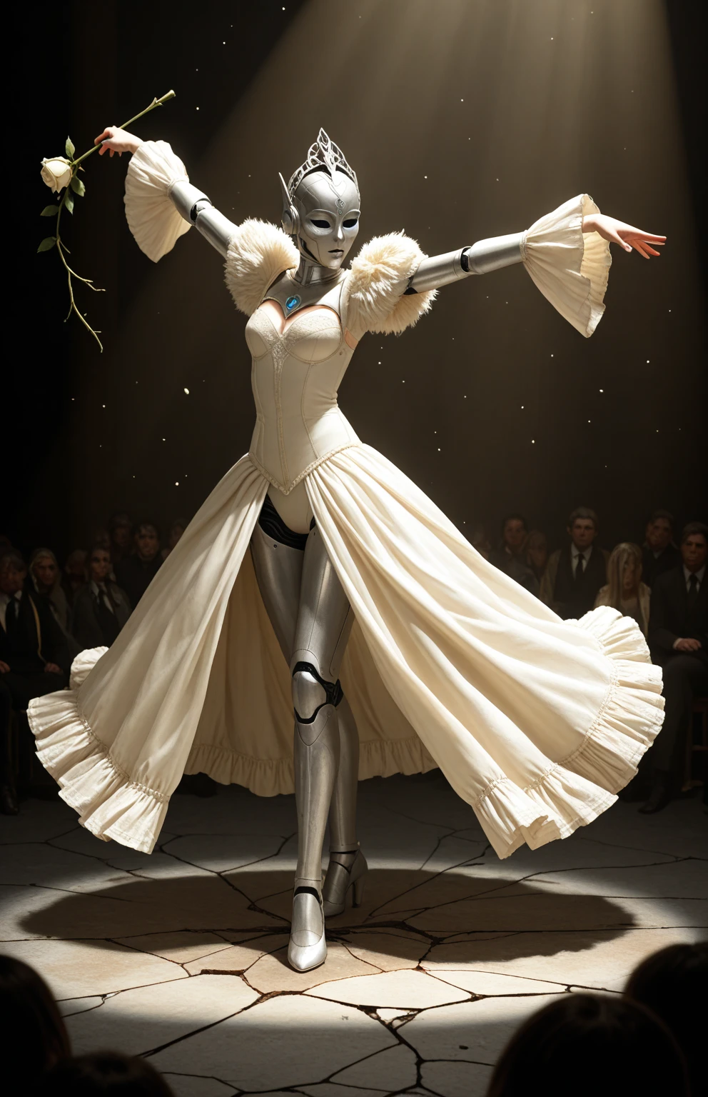 araffe and a woman in a dress are fighting in a scene, still from alita, in white futuristic armor, inspired by Daniel Merriam, dancing with each other, forbidden beauty, religious imagery, 2001, the robot wearing the bone crown, wearing a pink ballroom gown, imagery --ar 16:9 --auto --s2