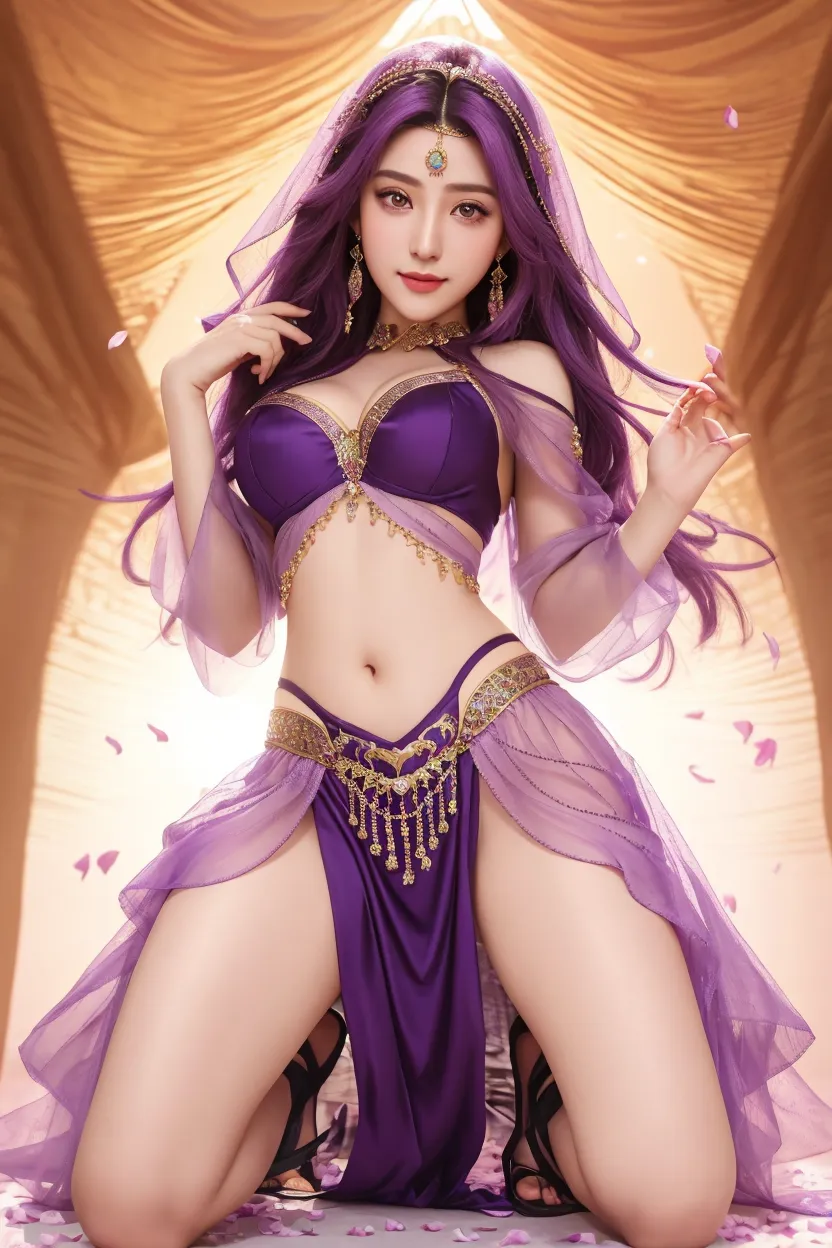 Aravi belly dancer, purple gauze dress, cape and gold jewelry, jeweled costume, white background, atmospheric stage, high quality costume, high quality rendering, beautiful costume, Arabian princess, aesthetic !!!!!! Queen, delicate face shape, beautiful eyes, delicate nose, exotic costume, beautiful real girl, fair skin, elegant belly dancing pose, belly dancing, queen of Persia, exquisite rendering