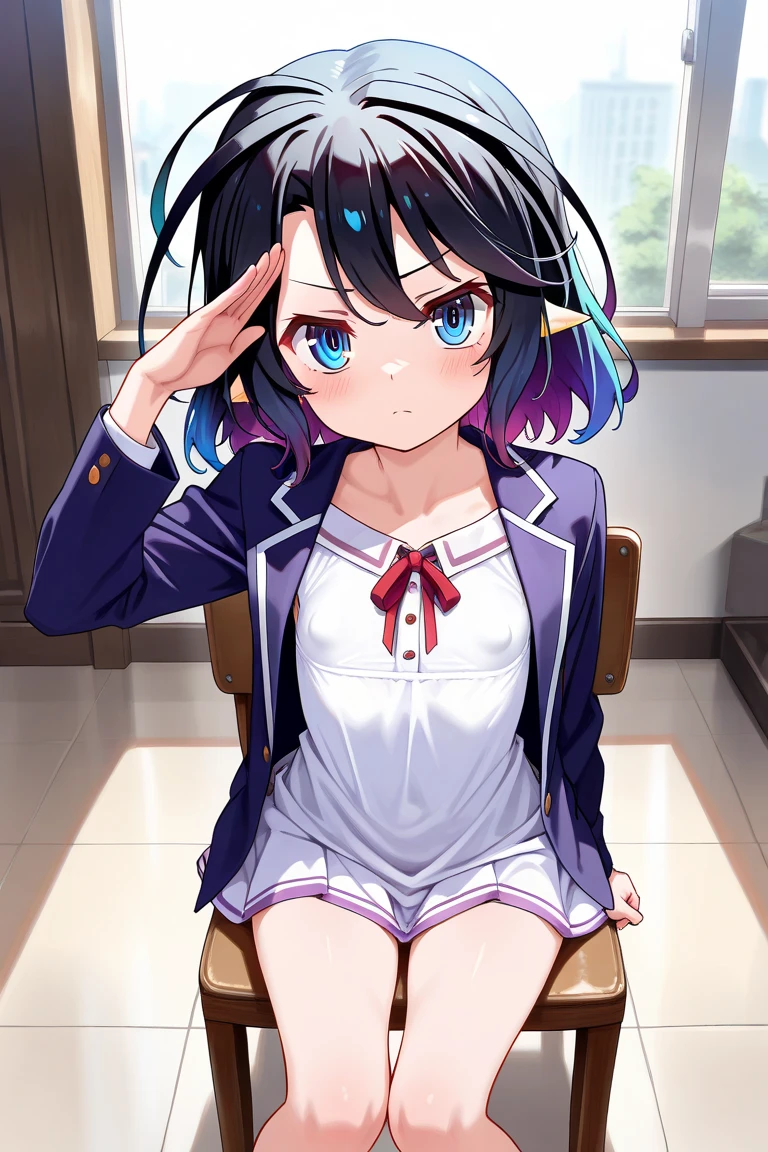 One Girl、pokemonliko、blue jacket, white shirt, shorts、Positive、Configuration from below、squat、Panty shot、Full body portrait、blush、White underwear、White panties、White pleated skirt、、bedroom、Inside the house、Daytime、(Small Tits)、((Full Body Lesbian))、masterpiece、(highest quality)