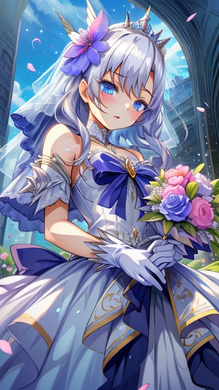 Silver Hair Medium Hair、smile、Huge 、Light Blue Prom Dresses Mini length、Black lace pattern Arm Covers、Veil tiara、ring earrings、church Stained glass、Holding a yellow bouquet