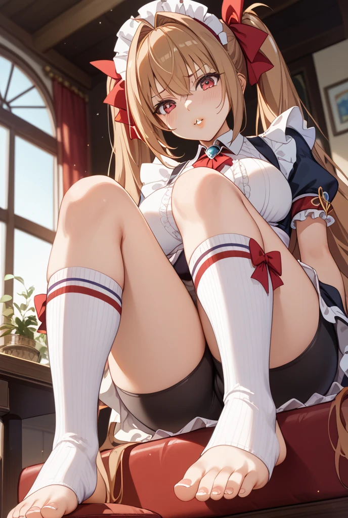 (footjob), Masterpiece、Highest quality、Highest quality, (long and thin legs, shoes:1.2), Arm behind wrist, squat、Spread your legs、1 girl, (smile、Open your mouth大笑い:1.2), Cute eyes, (Detailed face:1.3)、Open your mouth, The whole face turns red, alone, Big and ample breasts, (Straight bangs, Twin tails), White maid outfit、Side bust、Underbust、belly button、Walking through the mansion'corridor、nsfw、shoes下