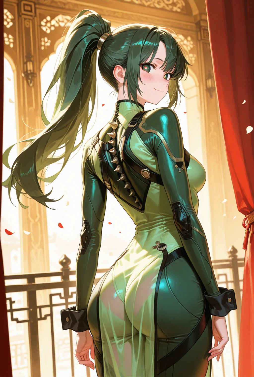 Masterpiece, best quality, 1boy, otokonoko, femboy, bare shoulders, black hair, blunt bangs, bodysuit, brown eyes, cowboy shot, fingerless gloves, from side, gloves, green bodysuit, high ponytail, light particles, long hair, looking at viewer, parted lips, sleeveless, sleeveless bodysuit, solo, two-tone bodysuit, white bodysuit, white gloves,wide hips thick thighs, bulge excellent lighting, bright colors, clean lines