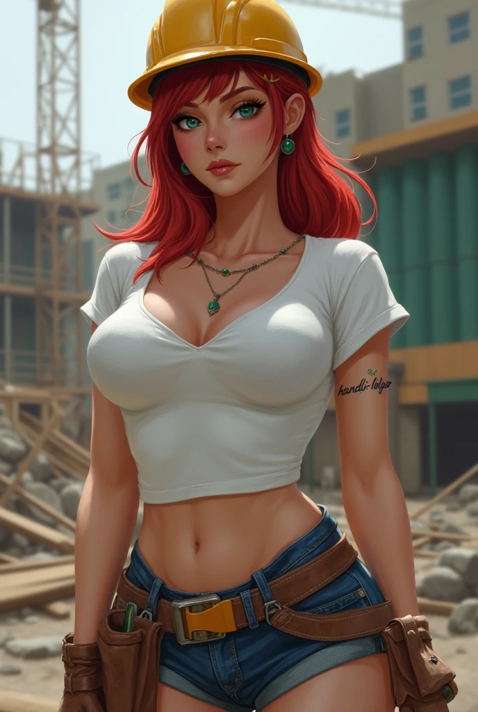 Goddess ((goddess-like woman)), Slim, Elegant Silhouette, Masterpiece, Best Quality, Sweet Face, Long Hair, (Masterpiece:1,2, Best Quality), (Real Picture, Intricate Details), (1 Lady, solo, big tits), wine-red hair, big wine-red eyes, short hair, forehead fringes, bracelet, earrings, beautiful face, beautiful eyes, looking at the viewer, she is wearing a white shirt and black shorts, sporty look, irresistible smile, elegant pose, elegant hands, beautiful hands, perfect fingers, right hands, right arms, background: park, city, starting park, trees, blue sky, meadow