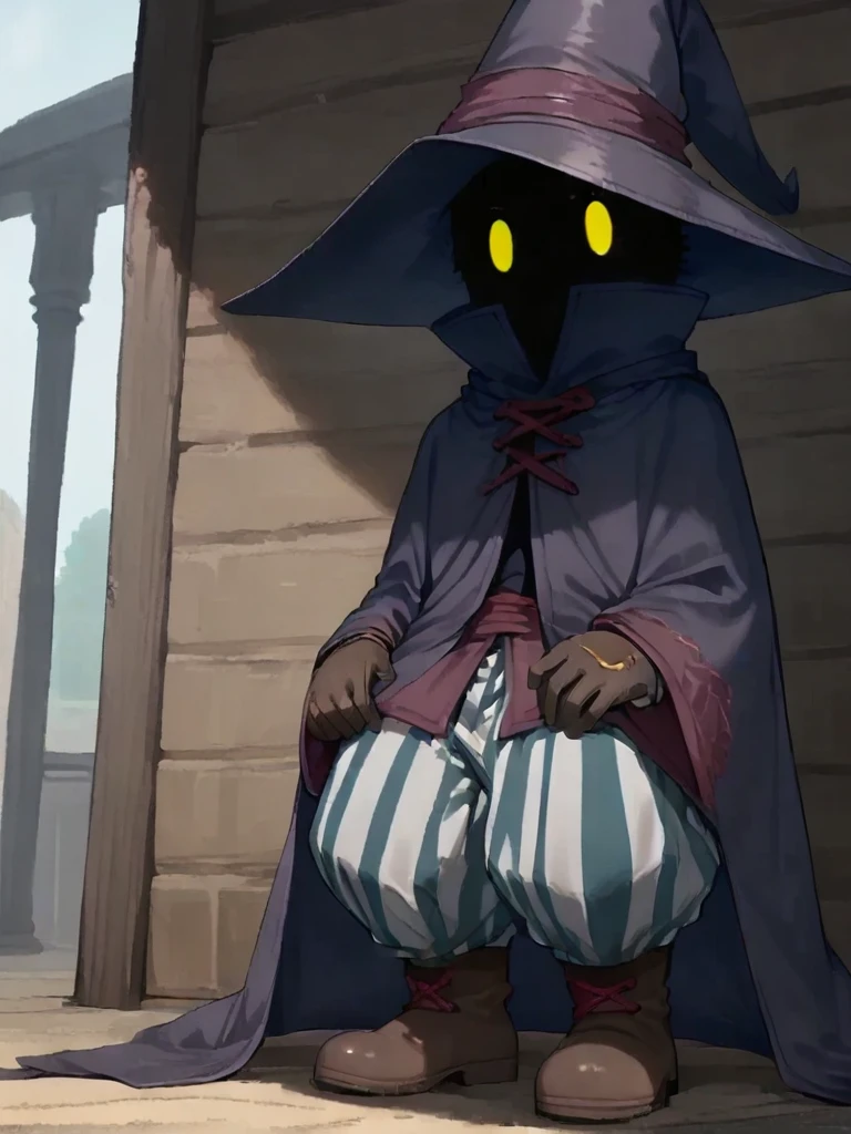 score_9, score_8_up, score_7_up, masterpiece, source_anime,solo, 1boy, <lora:Ziggy-illus_Fp:1>, ziggy, yellow eyes, shaded face, faceless, no mouth, wizard hat, striped pants,cloak, robe, gloves, puffy pants, boots,