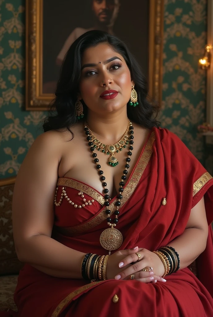 Photorealistic, Fullbody Shot, Cinematic Shot, Studio Lighting, Shot Phase One, ISO 100, Natural Lighting, Sharpen, Lightroom, Fine Art Photography, Hyperdetailed, Highly Detailed, 8K, Sharp details on face, Photography, Female, (55+ Age) Woman in Black Bengali Sari and (22 Age) Girl both looking towards viewer, Jewellery on head and hair, Red Lipstick, Golden Necklace, Earring, Ornate, Detail, Flowers, Blurred Background, Soft Focus (Curvy Body) (Chubby Mature), Kakatiya Queen Rudramma Devi Look, Proud Woman, Emotional Crying Sitting in the Throne of her Palace, Camera Angle from Distance
