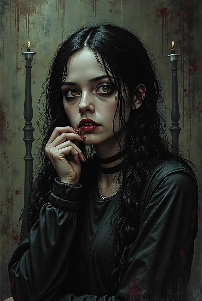using the Batman's comic art style make a girl with long black hair and bangs, dark brown eyes with long eyelashes, using a black tight shirt with a dark zip up hoodie, wearing a gothic cross necklace, with an eyebrow piercing