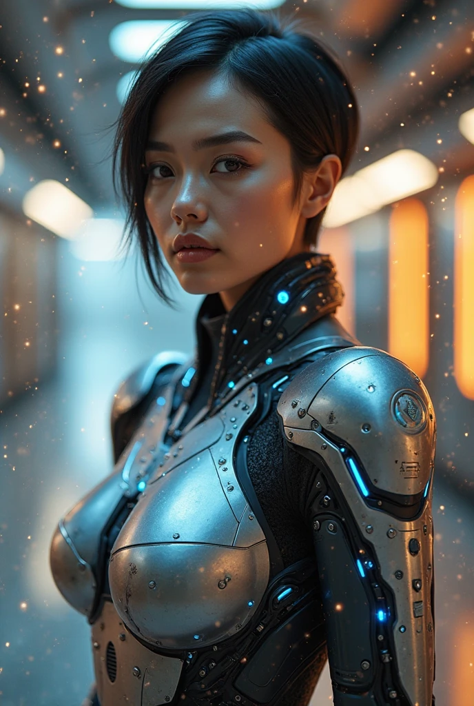 Mature Japanese woman, 40 years old, undercut, streight face showing no emotion, thin lips, looking into camera, sci-fi armor, standing streight, frontal view, highly detailed face, high resolution, no make-up, photorealistic