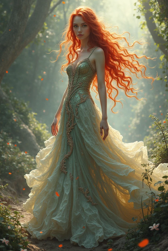 Curly redhead girl in long dress , inspired by dragons , fully body 