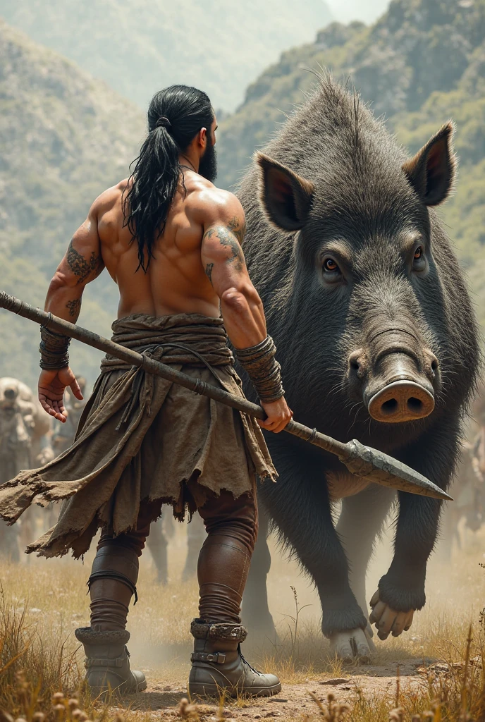 Make me an image of a large black pig with white legs dead, hit by a spear on top of a large flat rock with the caveman And his dog who hunted it