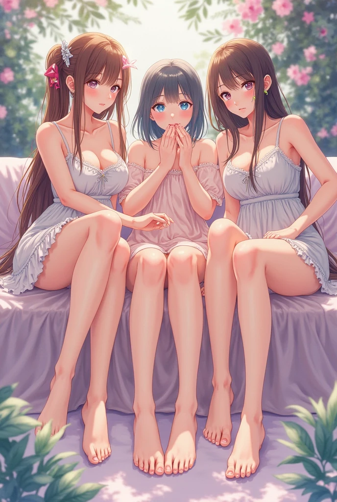 2girls all_fours anus ass bangs black_hair blanket blue_dress blue_eyes blurry blurry_foreground bottomless breasts brown_hair cleft_of_venus collarbone dark-skinned_female dark_skin dress eye_contact face-to-face flower grass kiss looking_at_another lying maid maid_headdress multiple_girls navel nipples nude on_back outdoors ponsuke_(pon00000)_(style) pussy red_eyes short_hair sleeveless small_breasts thighhighs yuri zankuro_(style)