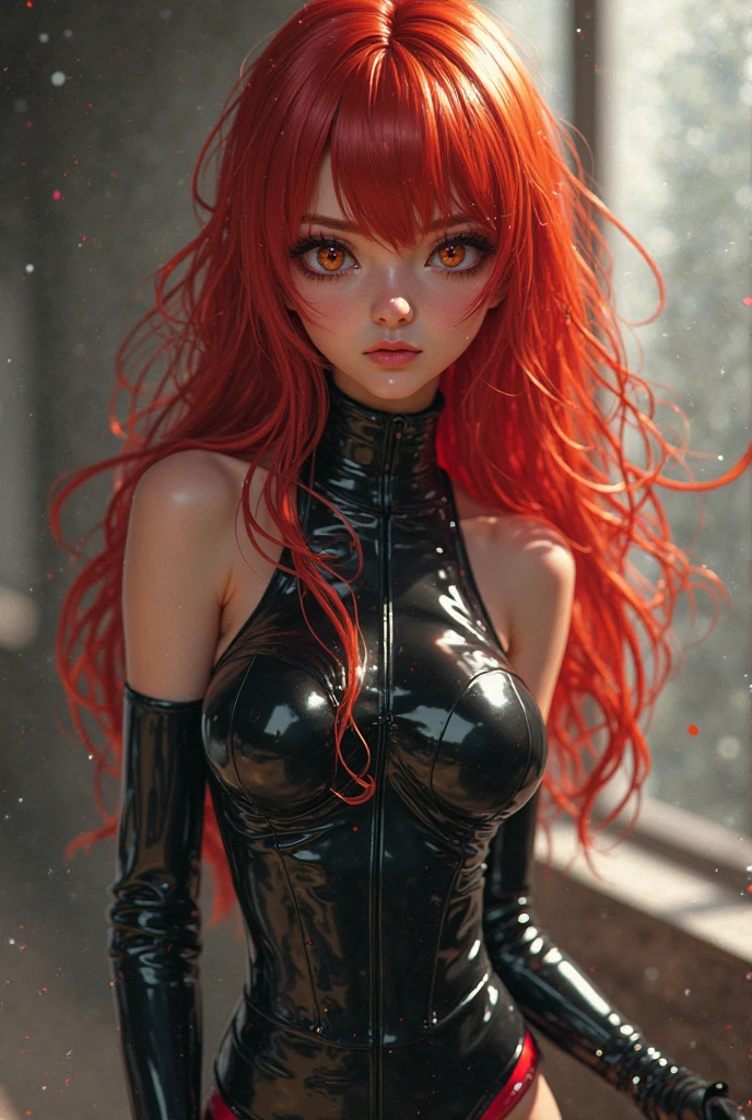 Cute red-haired 20-year-old girl with long flowing hair wearing a tight one-piece swimsuit with neon lights.... , freckles, Photorealistic, high definition, Abs, NSFW, ((cum on clothes:1.5))