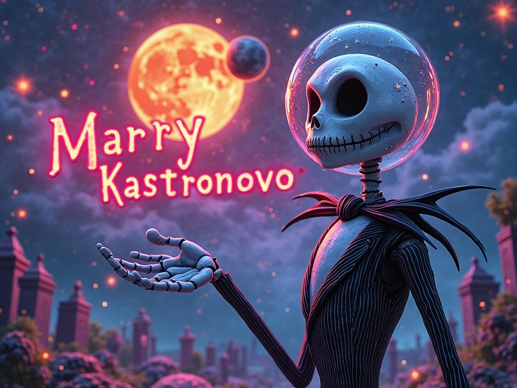 A hyperrealistic 3D rendering of a cartoon Jack Skellington leaning nonchalantly against a sleek black wall. Jack Skellington is confidently drinking from a steaming cup of "Mary" and wearing a modern outfit. The playful text "mary Kastronovo" is displayed at his feet. Jack Skellington's fashionable sneakers are a detailed element that captivates the viewer. The composition masterfully combines cinematic lighting and vibrant 3D rendering.