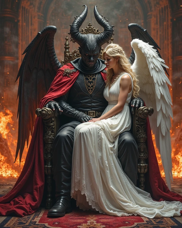 In the art style blending the dynamic realism of Boris Vallejo and the dark sensuality of Luis Royo: a stunning woman with thin long dresses an impeccably sculpted figure is depicted in an intense close-up. She gracefully perches on the lap of Lucifer, who is clad in menacing steel armor adorned with spikes. His throne is a twisted creation made from jagged swords, sharp peaks, and bleached bones interwoven with skulls. The scene is set in a forbidding, rocky landscape where a river of molten lava snakes through, casting an eerie glow. Above, the sky churns with ominous dark clouds, adding to the masterpiece's brooding atmosphere. Every detail is meticulously rendered, creating a hauntingly beautiful vision.