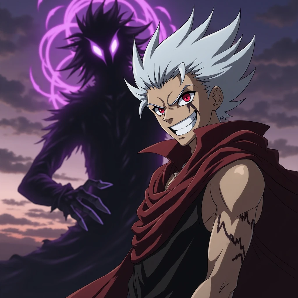
In this dynamic and intense anime scene, a character with striking white hair and menacing red eyes stands in the foreground, displaying a sinister grin. His face and arm are marked with jagged black streaks, giving him an ominous and otherworldly appearance. The character wears a dark red cloak or robe, contributing to the sinister aura. Behind him, a spectral, shadowy figure emerges, surrounded by swirling purple and black energy, adding to the tension and dark energy of the scene. The dramatic lighting emphasizes the contrast of shadows, heightening the sense of danger and evil. The background features a cloudy, twilight sky in hues of purple and pink, infusing the scene with a mystical yet unsettling ambiance. The scene is captioned with the title "Jujutsu Kaisen" in a stylized font, indicating this image originates from that anime series.