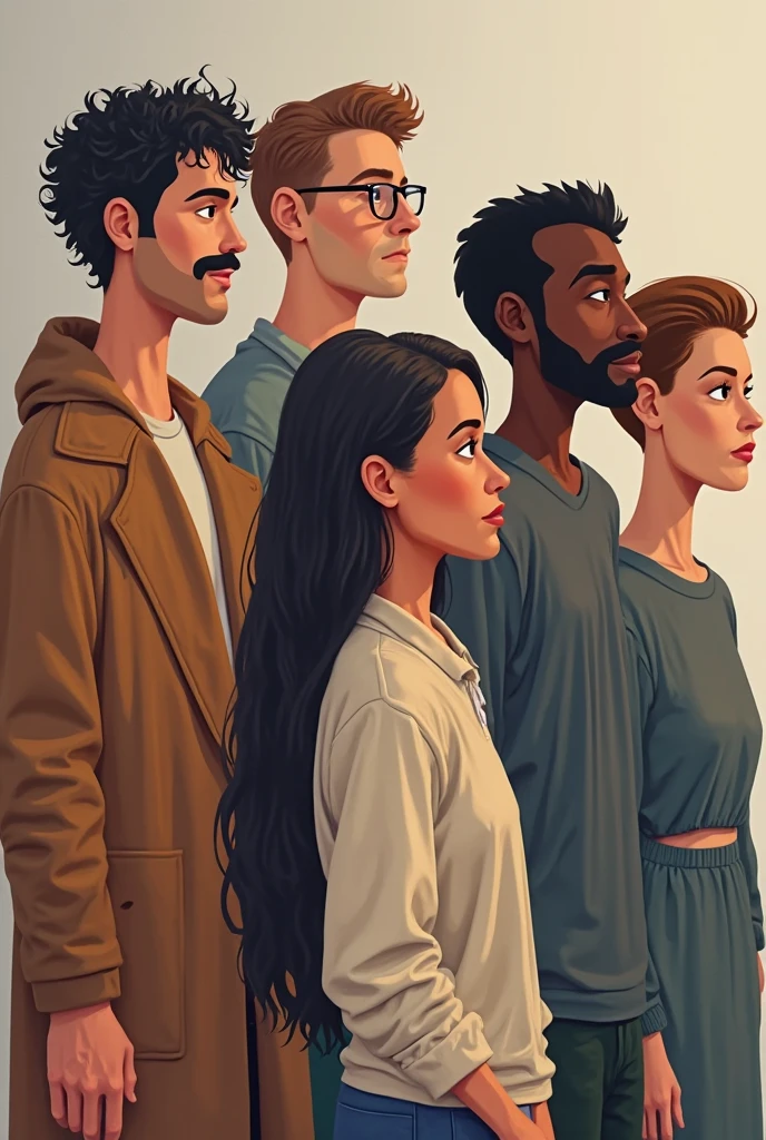 Make a Man UnderCut Brown Hair with Glasses Round Hair and Beard with Plaid Shirt, in the middle, white woman with long brown curly hair wearing gold-framed glasses and a floral dress . On the other side, man with brown buzz cut hair, beard and black t-shirt. The three are counting that there are 4 months left until the end of the year.