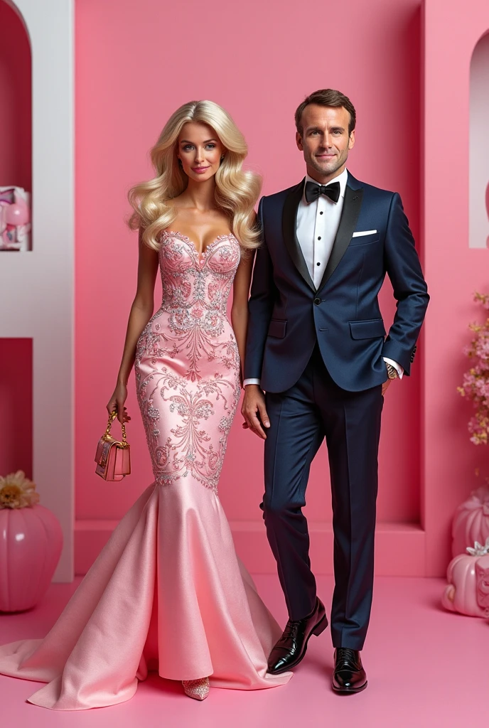 man and woman rich CEO billionaire executives, married couple, posing in front of a plastic pink dollhouse inside a living room, movie villains, cinematic