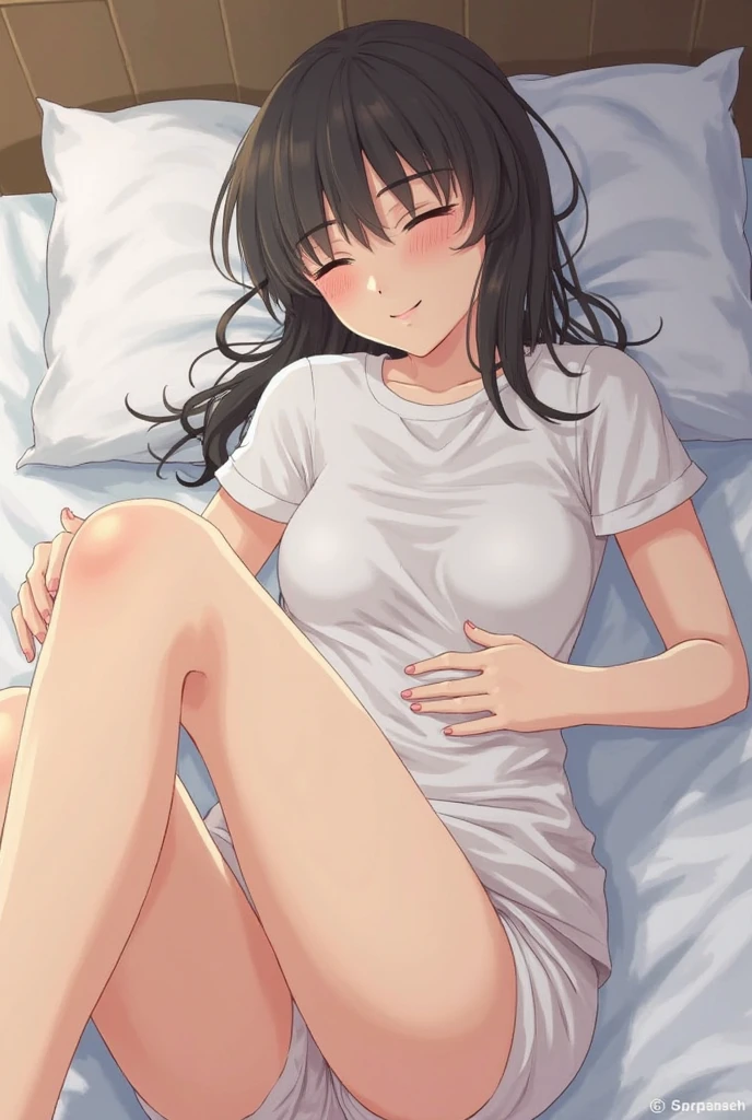 An image of an anime girl on a bed touching her ass excitedly