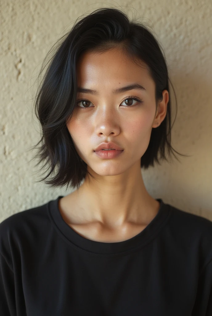 blythe doll with short hair black hair with black asian eyes and a mole on the side of her lip